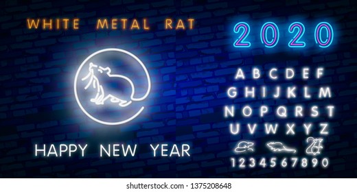 Two thousand twenty neon sign with joyful neon rat 2020 on brick wall background. Vector illustration in neon style for Christmas banners, New Year posters, party invitation