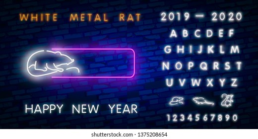 Two thousand twenty neon sign with joyful neon rat 2020 on brick wall background. Vector illustration in neon style for Christmas banners, New Year posters, party invitation