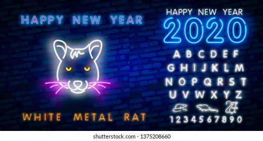 Two thousand twenty neon sign with joyful neon rat 2020 on brick wall background. Vector illustration in neon style for Christmas banners, New Year posters, party invitation