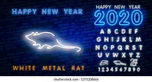 Two thousand twenty neon sign with joyful neon rat 2020 on brick wall background. Vector illustration in neon style for Christmas banners, New Year posters, party invitation