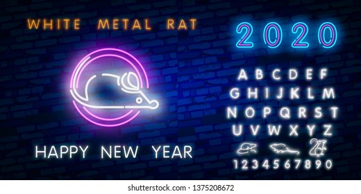 Two thousand twenty neon sign with joyful neon rat 2020 on brick wall background. Vector illustration in neon style for Christmas banners, New Year posters, party invitation