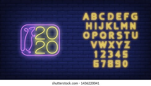 Two thousand twenty New Year neon sign. Curious rat in frame on brick wall background. Vector illustration in neon style for seasonal banners, posters, New Year ads