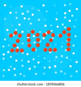 two thousand twenty one number lined with red caviar on the background of falling snow and blue sky concept of new year and winter
