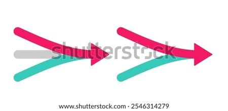 Two and three arrows merging icon. Clipart image isolated on white background