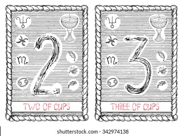 Two and three of cups. The minor arcana tarot card, vintage hand drawn engraved illustration with mystic symbols.