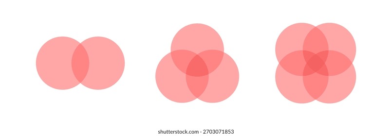 Two, three and four intersecting circles set. Circle Venn diagram with 2, 3, 4 parts. Infographic chart red icon. Overlap balance elements diagram. Vector illustration isolated on white background.