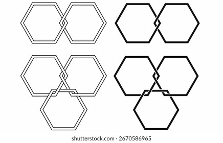 Two and three hexagonal chain links icon set in outline and silhouette solid style. Modern geometric symbol for connection, structure, blockchain, or tech design.