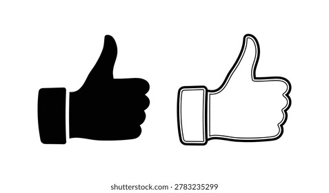 Two thumbs up hand gestures black silhouette and line drawing on white background