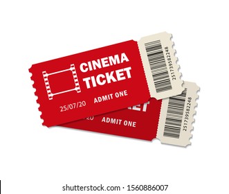 Two ticket of cinema for movie. Template red VIP entry pass tickets for theater, festival, cinema on isolated background. Pass ticket on film. 3d paper coupon icon. vector illustration eps10