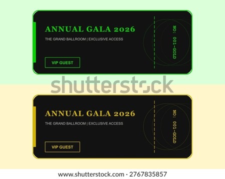 Two ticket mockups are displayed, one with a dark green and black color scheme and the other with gold and black.