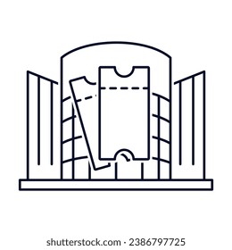 Dos entradas en el fondo del edificio. Invitación a asistir al evento.  Icono de ilustración lineal vectorial aislado en fondo blanco.