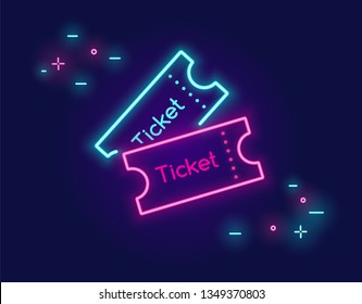 Two tickets banner for social networks in neon light style on dark background. Bright vector neon illustration of two simple raffle tickets for cinema, movie or other event