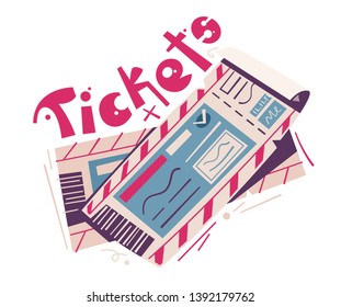Two tickets. Cartoon vector illustration. Event and travel concept. For web and print. Cinema, theatre, concert, air ticket. 