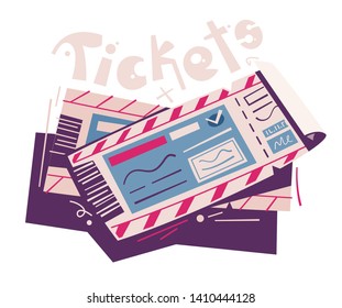 Two tickets. Cartoon vector illustration. Event and travel concept. For web and print. Cinema, theatre, concert, air ticket. 