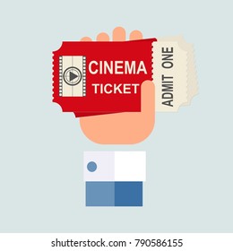 Two tickets to the cinema. The man is holding in his hand. Flat design, vector.
