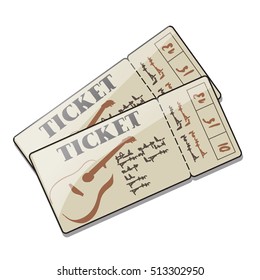 Two Tickets To A Concert Of Guitar Live Music, Chanson, Rock, Romantic Ballads. Set Of Event Invitations With Inscriptions. Vector Cartoon Close-up Illustration.