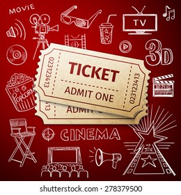 two tickets and hand draw cinema icon, excellent vector illustration, EPS 10