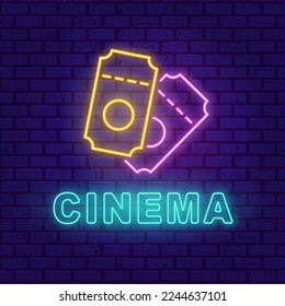 Two tickets Neon banner on brick wall background. Cinema raffle ticket line icon, logo element, emblem. Bright Movie concept signboard, Vector illustration