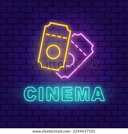 Two tickets Neon banner on brick wall background. Cinema raffle ticket line icon, logo element, emblem. Bright Movie concept signboard, Vector illustration