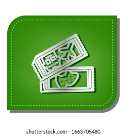 Two tickets for transport and theater sign. Silver gradient line icon with dark green shadow at ecological patched green leaf. Illustration.