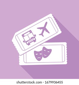 Two tickets for transport and theater sign. White Icon with long shadow at purple background. Illustration.
