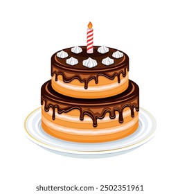 Two tier birthday cake with chocolate icing vector illustration. Chocolate cake with a candle drawing. Layer cake with chocolate glaze icon isolated on white background