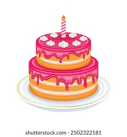 Pastel de cumpleaños de dos niveles con Ilustración vectorial glaseada rosa. Pastel de vainilla rosa con un dibujo de vela. Pastel de capa con icono de esmalte rosa aislado sobre fondo blanco. Pastel de cumpleaños rosa en un Vector de plato