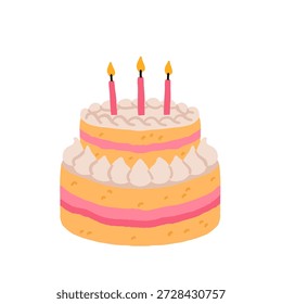 Pastel de cumpleaños de dos niveles con Ilustración vectorial glaseada rosa. Pastel de vainilla rosa con un dibujo de vela. Pastel de capa con icono de esmalte rosa aislado sobre fondo blanco. Pastel de cumpleaños rosa en un Vector de placa