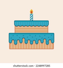 Two tier blue vector cake with burning candle on top.