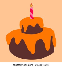 Two tier brown chocolate cake with orange coloured icing and one candle on top sketch style shapes 