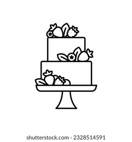 Two tier cake with berries icon. Modern sponge cake with strawberry, blueberry and raspberries. Doodle line illustration of a confectionerн. Linear illustration. Editable thin strokes