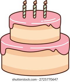 Pastel de dos niveles con glaseado derretido y tres velas a rayas dibujadas en líneas de dibujos animados limpios. Símbolo de cumpleaños, celebración, fiesta, deseo e hito. Ilustración vectorial de dibujos animados.