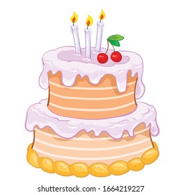 two tier holiday cake with three candles decorated with cherries for the holiday and birthday, isolated object on a white background,