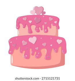 Bolo rosa de duas camadas com glacê e decorações de coração em cores românticas macias. Design festivo charmoso perfeito para temas de Valentine, casamentos, aniversários, cartões de felicitações e doce