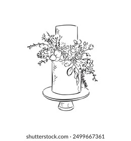 A two tier wedding cake with floral elements, baked and finished with fondant icing. Drawn by hand in black and white line. Vector. Cook, chef, pastry chef.