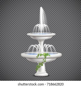 Two tier white cascade water fountain with climbing ivy plant realistic image on transparent background vector illustration 