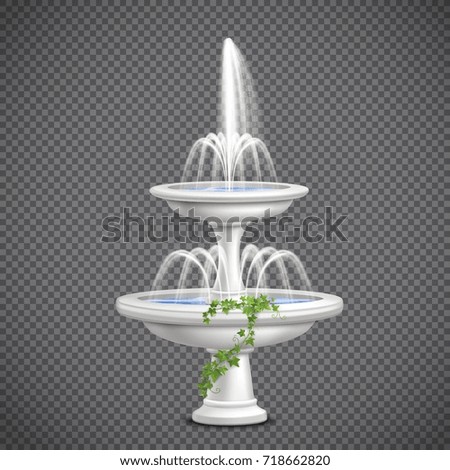 Two tier white cascade water fountain with climbing ivy plant realistic image on transparent background vector illustration 