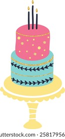 Two tiered birthday cake with lit candles and gold glitter decorations, pink and light blue colors, sitting on a yellow cake stand, isolated illustration on white background