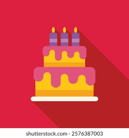 Two tiered birthday cake with pink frosting and lit candles, celebrating a special occasion on a vibrant red background 