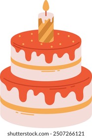 a two tiered cake with red frosting and a single lit candle