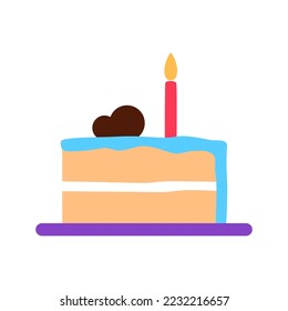 Two tiered flat cake slice on white background. Baked frosted Birthday treat piece with burning candle. Abstract cake with chocolate cream glaze sign. Bright pastry symbol. Minimal vector illustration