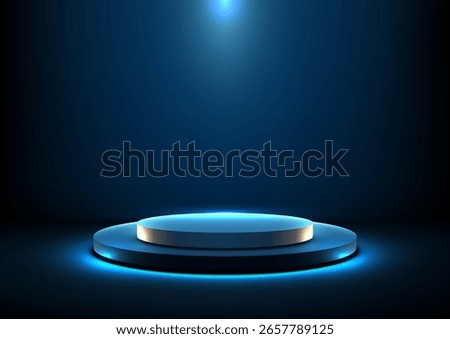 two tiered glowing blue 3d podium under spotlight on a dark background, designed for modern product showcases, technology templates, and abstract presentation settings