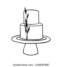 zwei gestufte, minimalistische Hochzeitstorte, die mit Spikeletten einer Getreidepflanze geschmückt ist - handgezeichnete, doodle Vektorgrafik eines Hochzeitsdesserts im minimalistischen Stil