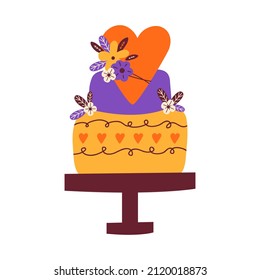 Zwei gestufte Hochzeitskuchen auf einem Ständer sind mit einem großen roten Herz und Blumen geschmückt. Vektorsymbol eines festlichen süßen Desserts zum Geburtstag. Handgezeichnete Illustration im skandinavischen Stil