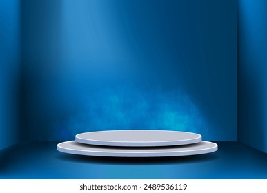 Two Tiered White Circular Platform Against Blue Background