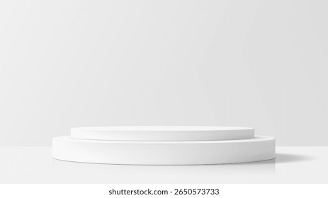 Two tiered white round podium for product display. Minimalist stage for showcase or studio backdrop. Empty stand for exhibition.