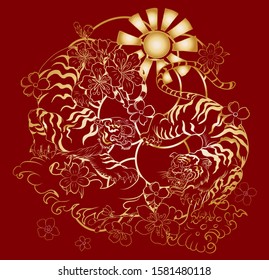 Two tiger battle with sunrise and cherry blossom on background.Traditional korean tiger vector for printing on T-shirt.Japanese tiger illustration for tattoo style on red background.
