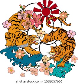 Two tiger battle with sunrise and cherry blossom on background.Traditional korean tiger vector for printing on T-shirt on white.Japanese tiger illustration for tattoo style on isolate white background