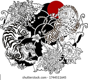 Two tiger battle with sunrise and cherry blossom on background.T raditional korean tiger vector for printing on T-shirt on white. Japanese tiger illustration for tattoo style on isolate white background