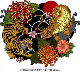 Two tiger battle with sunrise and cherry blossom on background.Traditional korean tiger vector for printing on T-shirt on white.Japanese tiger illustration for tattoo style on isolate white background